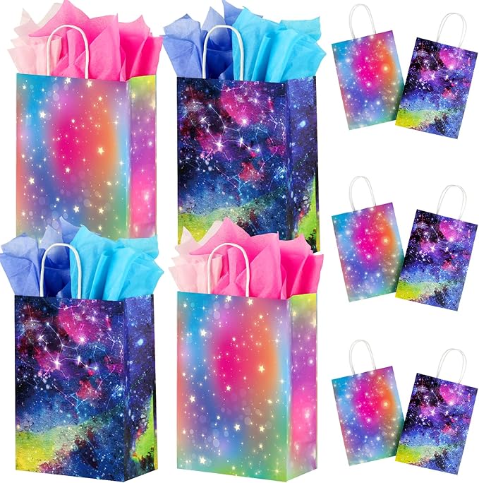 GITMIWS 24 Pack Galaxy Gift Bags with Tissues - 8.7'' Small Galaxy Party Favor Bags with handles, Paper Goodie Treat Bags for Kids Birthday, Baby Shower Galaxy Party Supplies
