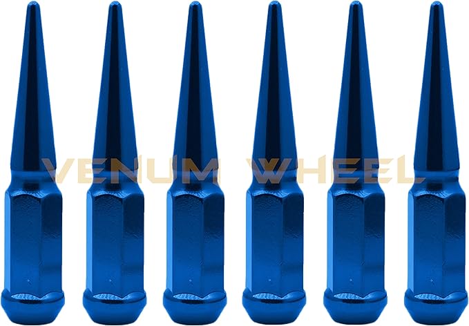 (6) Blue Spike Lug Nuts 12x1.5 Thread Pitch  Fits Aftermarket Wheels Acorn Seat with Tall Socket for Removal 4.5" Solid Piece