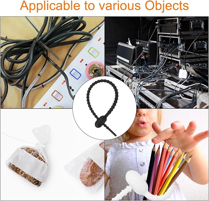 MECCANIXITY 4 Pack Silicone Cable Ties 7 Inch Reusable Zip Ties Twist Ties Elastic Wire Tie Cord Organizer for Bag Clip Cord Management, Black