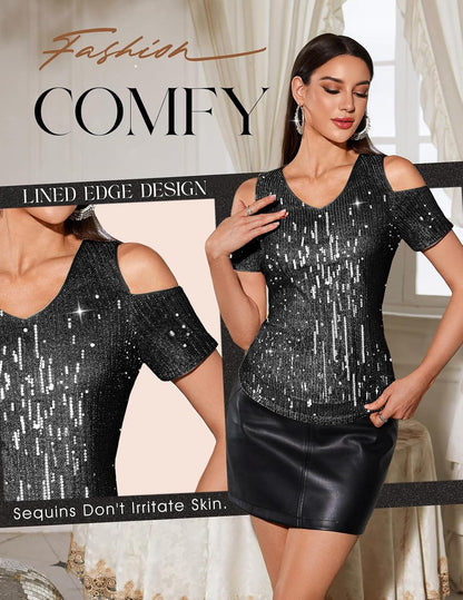 DRESSTELLS Women's Sequin Sparkly Tops, Holiday Party Glitter Cocktail V-Neck Short Sleeve Shirts for Concert Club