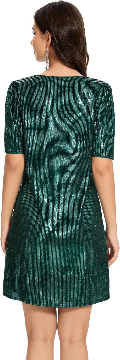 Women Puff Short Sleeve Sparkle Shift Dress Crewneck Sequin Shimmer Cocktail Party Dress
