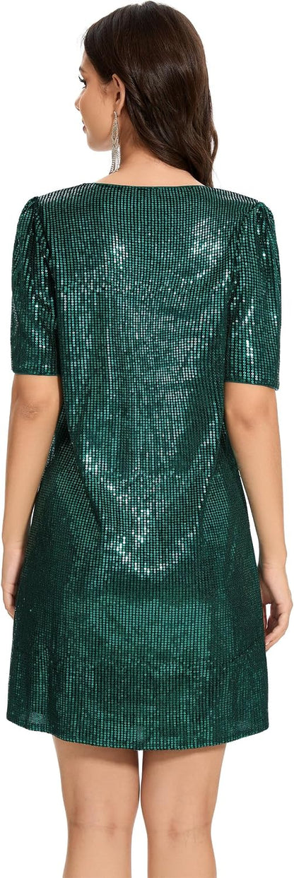 Women Puff Short Sleeve Sparkle Shift Dress Crewneck Sequin Shimmer Cocktail Party Dress