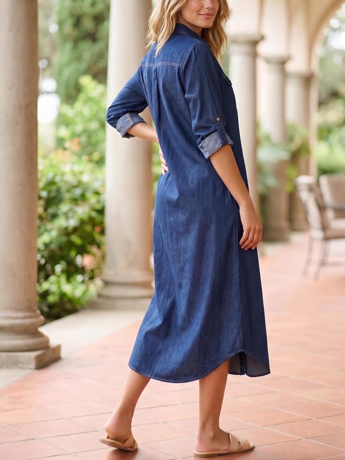 Kuraki denim maxi dress with button-front, slim fit, soft fabric, versatile style, wardrobe essential.