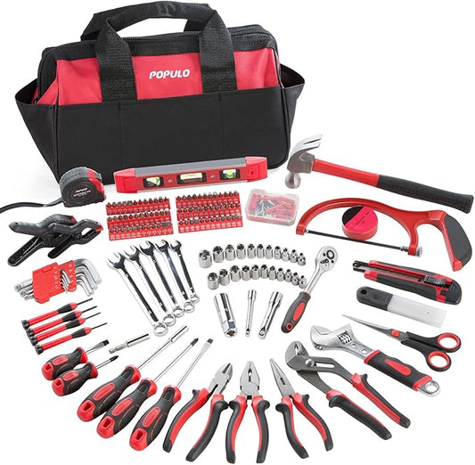 POPULO 222 Piece Home Tool Set in Sturdy Fabric Bag - Complete All-Purpose Tool Kit for Home Maintenance and Repairs