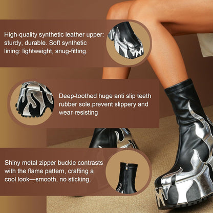 Size 7, HiColor Women's Red Flames Printing Chunky Sole Boots, Ankle-High, Zipper Closure, Round Toe, Platform Heel, All-Season, Women's Casual Boots.