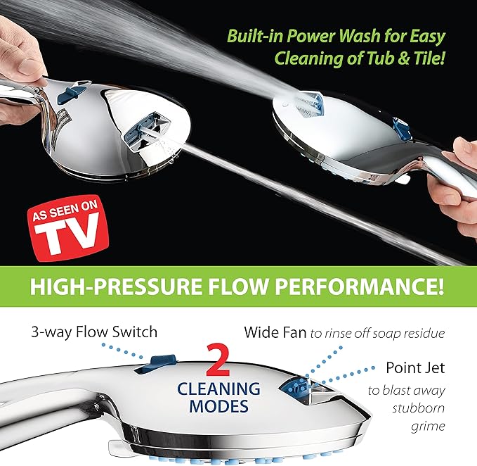 AquaCare High Pressure 8-mode Handheld Shower Head - Anti-clog Nozzles, Built-in Power Wash to Clean Tub, Tile  Pets, Extra Long 6 ft. Stainless Steel Hose, Wall  Overhead Brackets