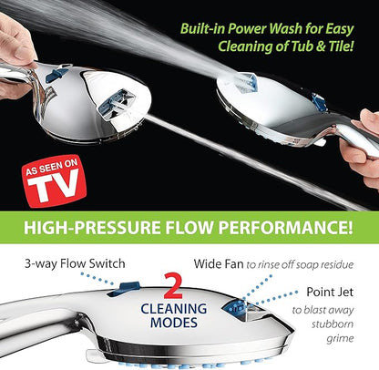 AquaCare High Pressure 8-mode Handheld Shower Head - Anti-clog Nozzles, Built-in Power Wash to Clean Tub, Tile  Pets, Extra Long 6 ft. Stainless Steel Hose, Wall  Overhead Brackets