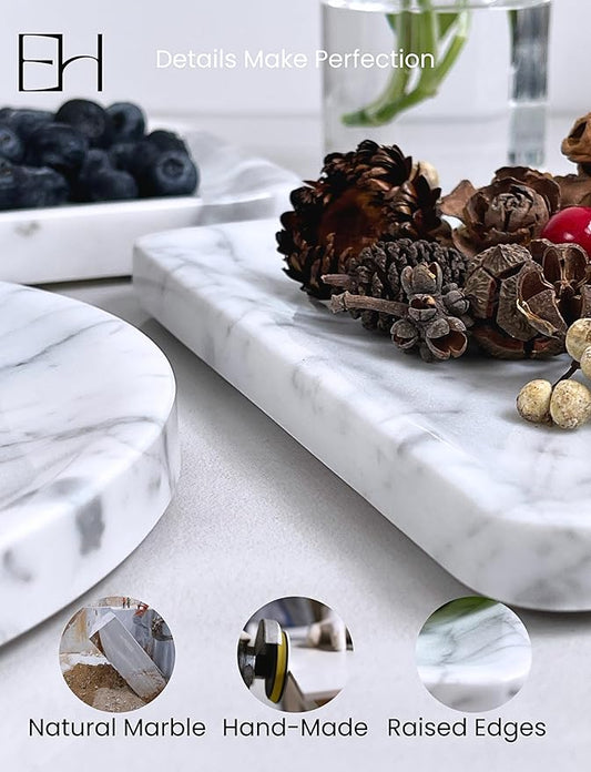 Natural Marble Tray, 8 inches Inside Raised Edges Round Serving Board, Bathroom Organizers and Storage, Stone for Home Kitchen Vanity Countertop Decor (Calacatta White, Square)