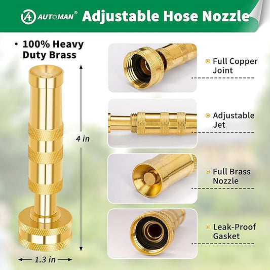 AUTOMAN Brass Hose Nozzle  High Pressure Jet Nozzles 3 Pack, Heavy Duty Sprayer for Garden Hoses, Adjustable Spray Gun,Solid Twist Water Hose Nozzle for Patio, Lawn, Car Wash, Extra 10 Rubber Washers