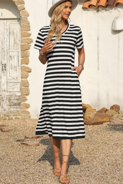 MARZXIN Women 2025 Casual Maxi Dress Short Sleeve V Neck Stripe Sundress Split Loose Long Summer Tshirt Activewear Dress