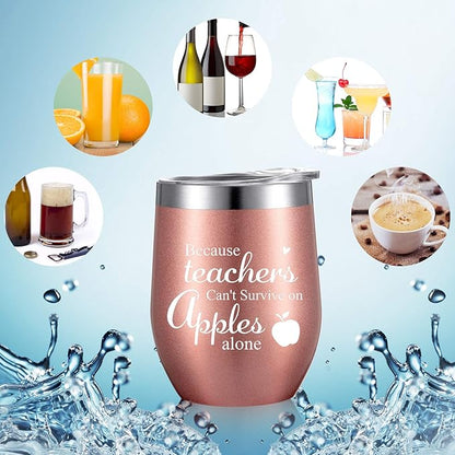 2 Pieces Teacher Can't Survive on Apples Alone, Thank You Teacher Appreciation Gift for Women Funny Birthday Christmas Thanksgiving Teacher Gifts 12 oz Wine Tumbler with Straw and Cleaning Brush