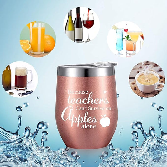 2 Pieces Teacher Can't Survive on Apples Alone, Thank You Teacher Appreciation Gift for Women Funny Birthday Christmas Thanksgiving Teacher Gifts 12 oz Wine Tumbler with Straw and Cleaning Brush