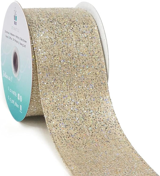 CT CRAFT LLC Sparking Silver Glitter Wired Ribbon 2.5" x 10 Yards TanSilver for Christmas Home Decor Bow Gift Wrapping DIY Crafts Wreath