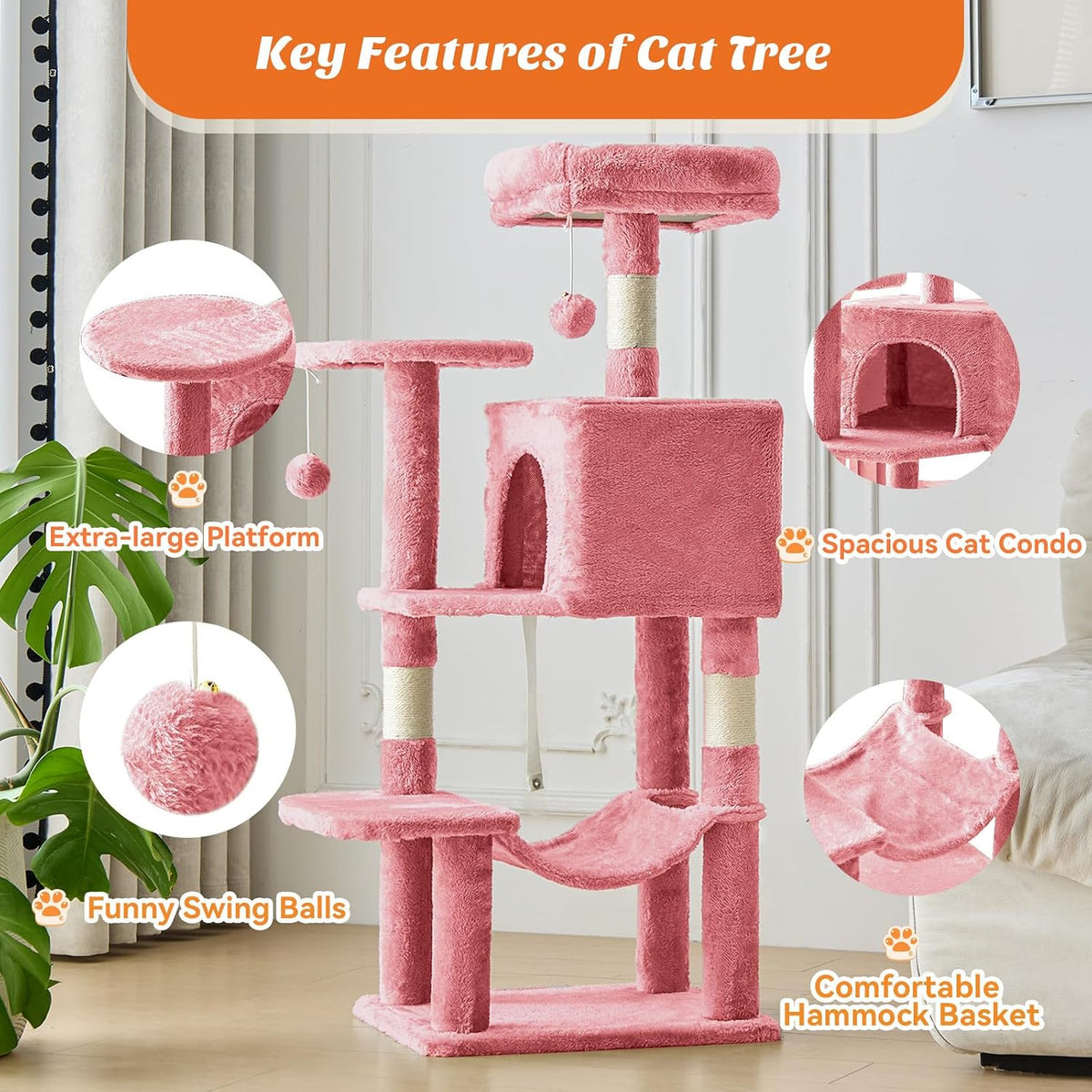 Cat Tree 54 Inch, Multi-Level Cat Tower with Condo, Perches, Sisal Scratching Posts and Climbing Ladder, Pet Play Toy Balls House for Indoor Cats, Pink