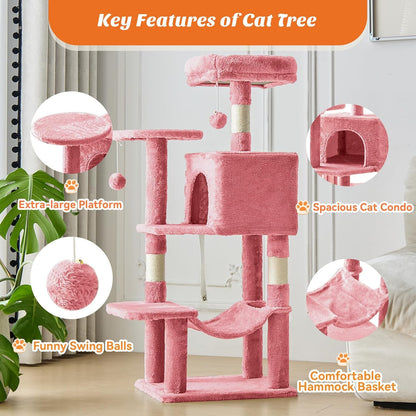 Cat Tree 54 Inch, Multi-Level Cat Tower with Condo, Perches, Sisal Scratching Posts and Climbing Ladder, Pet Play Toy Balls House for Indoor Cats, Pink