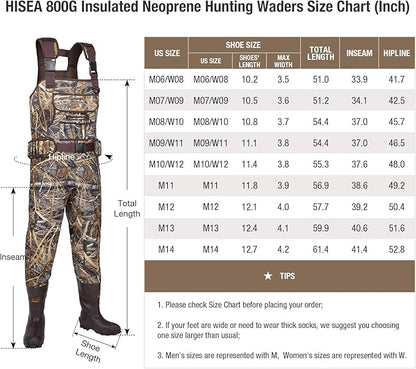HISEA Hunting Waders, Neoprene Chest Waders for Men with 800G Insulated Boots Waterproof Neoprene Bootfoot Waders