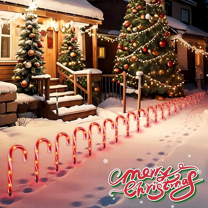 10" Christmas Candy Cane Lights (10PCS) for Landscape Decoration,Red  White Pathway Makers Lights (Include Stakes)