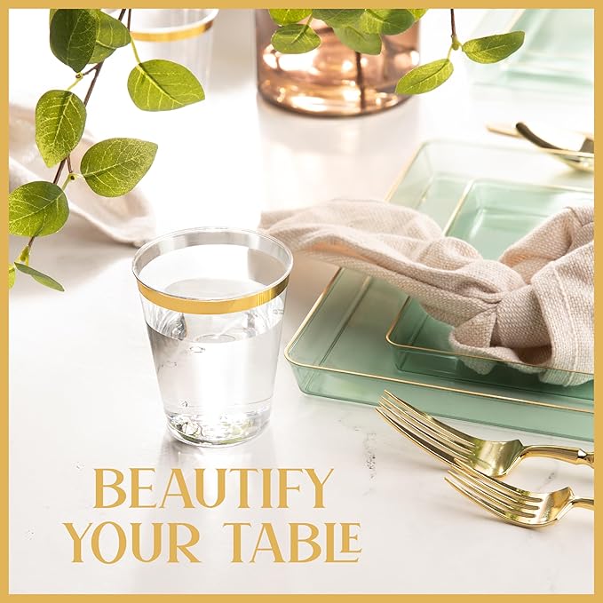 PLASTICPRO Disposable 7 oz Crystal Clear Plastic Tumblers With Gold Rim for Party's  Weddings pack of 50