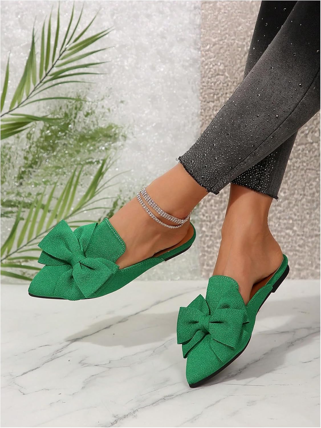 Women's Bow Mules Dressy Pointed Toe Flat Shoes Backless Loafers Slide Sandals Casual Slides Work Shoes