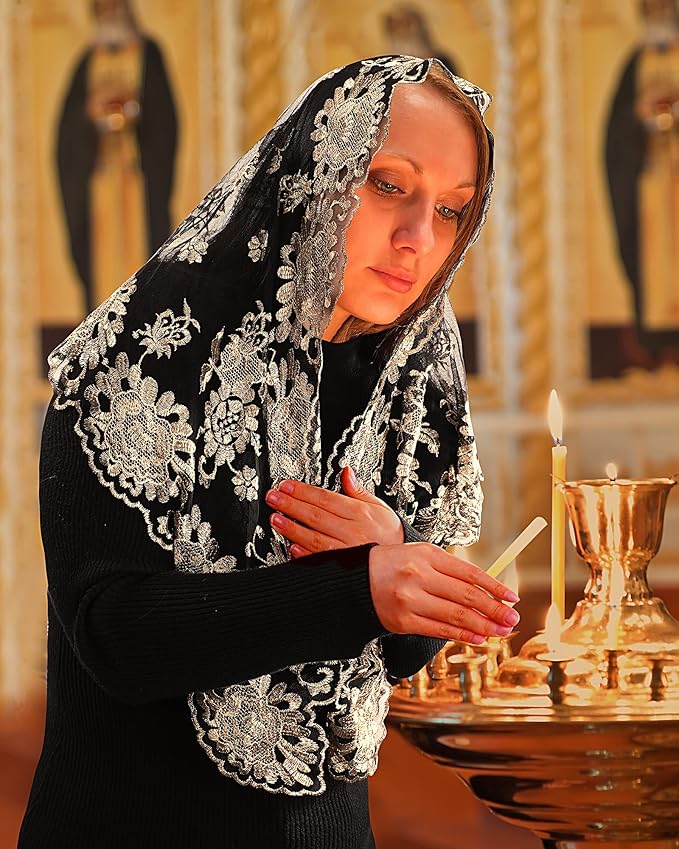 Bozidol Church Mantilla - Catholic Veil With Triangle Holy Virgin Embroidery - Traditional Mass Chapel Veil