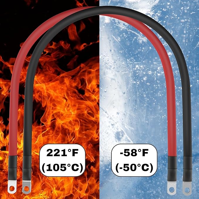 10 AWG Battery Cables with Terminals, Positive and Negative Wires Pure Copper, Solar Power Inverter, Welding, Golf Cart, Motorcycle (Red and Black, 2 FT (24 in), 12" Lugs on Both Ends, 2pcs)