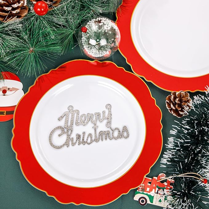 WDF 60pcs Plastic Red Plates Disposable - 7.5inch Red Dessert/Salad Plates Heavy Duty Plates for Christmas Party