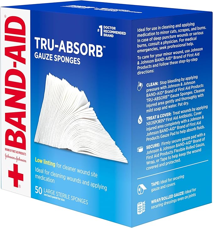 Band Aid Brand First Aid Products Tru-Absorb Sterile Gauze Sponges for Cleaning and Cushioning Minor Wounds, Cuts  Burns, Low-Lint Design, Individually Wrapped 4 in by 4 in Pads