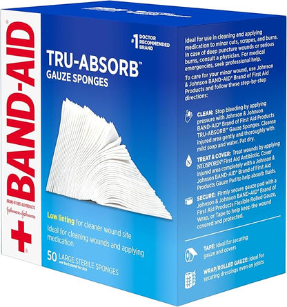 Band Aid Brand First Aid Products Tru-Absorb Sterile Gauze Sponges for Cleaning and Cushioning Minor Wounds, Cuts  Burns, Low-Lint Design, Individually Wrapped 4 in by 4 in Pads