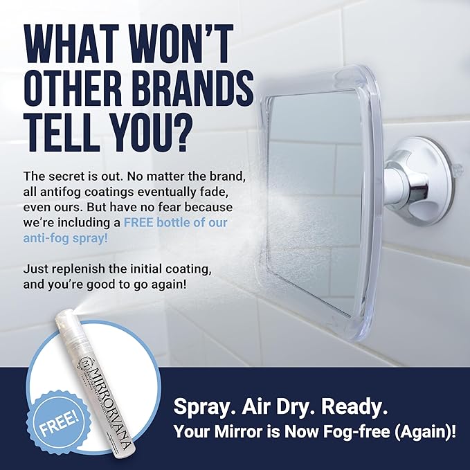 MIRRORVANA Fogless Shower Mirror for Shaving with Upgraded Suction, Anti Fog Shatterproof Surface and 360 Swivel - 6.3" x 6.3"