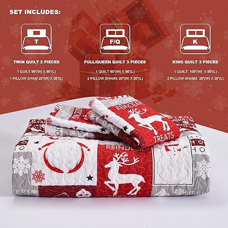 Newspin Christmas Quilt Set Queen Size, Soft Reversible Quilted Christmas Bedspread Coverlet Lightweight FullQueen Quilt Bedding Sets with Xmas Santa Tree Snowman Red Plaid Patchwork Pattern