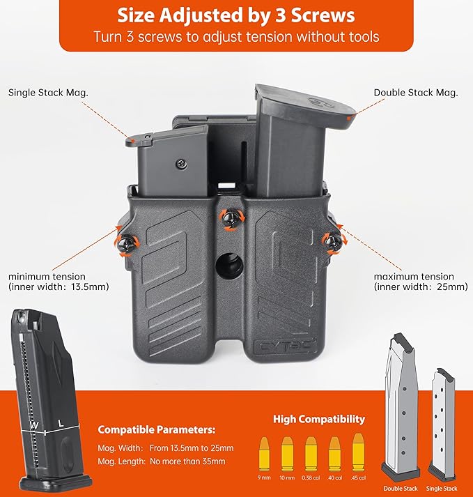 Universal Double Magazine Pouch Fit 9mm 10mm .40 .45 Caliber Dual  Single Stack Magazines, Black