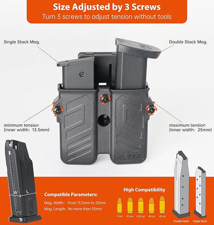Universal Double Magazine Pouch Fit 9mm 10mm .40 .45 Caliber Dual  Single Stack Magazines, Black