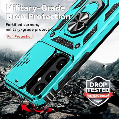 for Samsung Galaxy S25 Plus Case with Slide Camera Cover HD Screen Protector Military Grade Drop Tested Magnetic Ring Holder Kickstand Protective Phone Case for Samsung Galaxy S25 Plus 2025, Mint