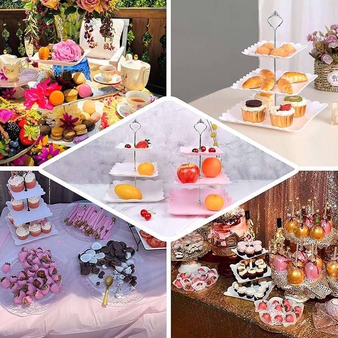 Efavormart 13"  3 Tier Floral Print Cupcake Stand, White Square Dessert Tray Display Holder with Wavy Edges - Plastic