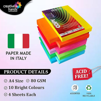 Copytinta Colour Paper A4 Size 80 GSM Mixed Bright Colours 40 Sheets Pack (10 cols X 4 Sheets) Double Side Colour for Office Printing, Art and Craft.