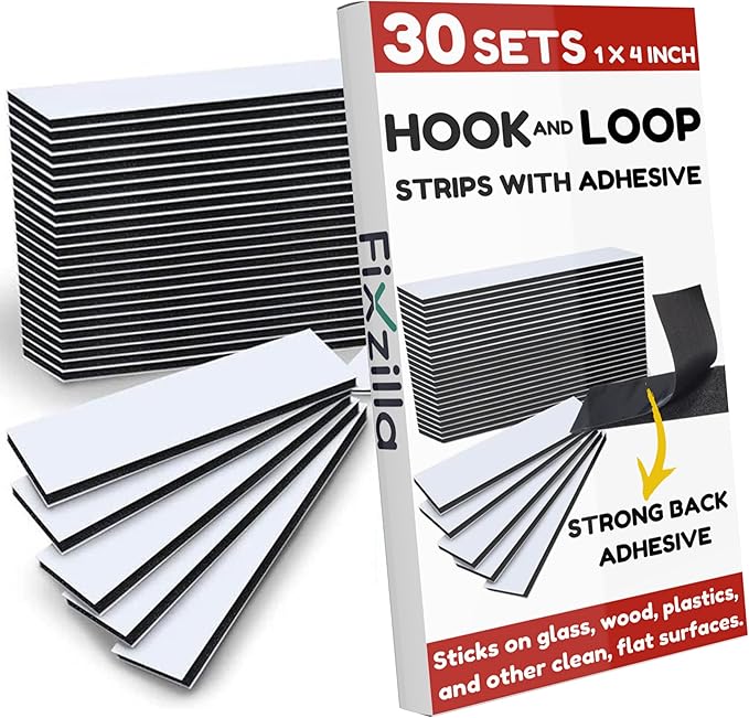 30 Sets Hook and Loop Strips with Adhesive - 1x4 Inch - Strong Back Adhesive Fasteners Tape, Black