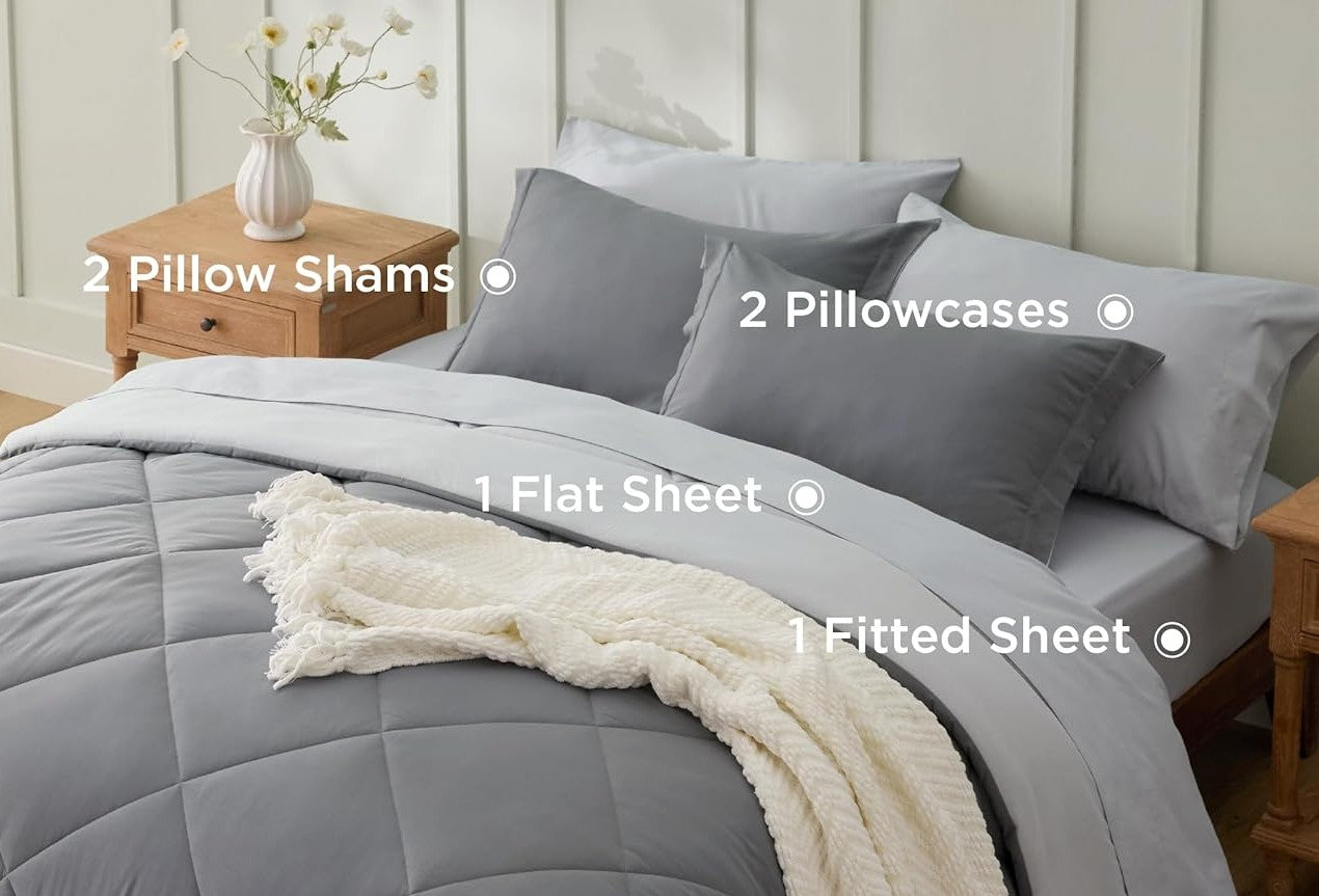 Bedsure Queen BedSet - 6 Pieces Reversible Grey Bedding, GentleSoft™ Queen Size, Sheets, Pillowcases & Shams