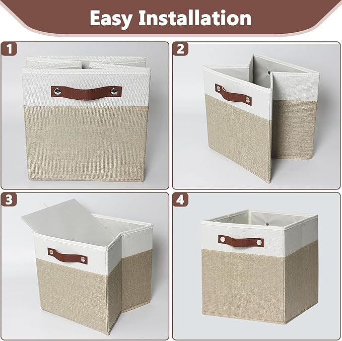 11 inch Open Collapsible Fabric Storage Bins with Vegan Leather Handles, Sturdy Cube Storage Baskets for Shelves, Closet, Nursery, and Home Organization. (White and khaki, (11x11) 4 pack)