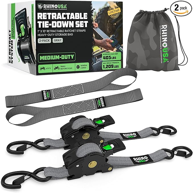 Rhino USA Retractable Ratchet Straps (2-Pack) - 1 Inch x 10 Feet (1,209lb Break Strength) - Heavy Duty Auto Self Retracting Tie Down Straps for Truck, Cargo Trailer, Motorcycle, Rad & More - Gray