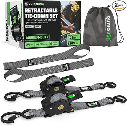 Rhino USA Retractable Ratchet Straps (2-Pack) - 1 Inch x 10 Feet (1,209lb Break Strength) - Heavy Duty Auto Self Retracting Tie Down Straps for Truck, Cargo Trailer, Motorcycle, Rad & More - Gray