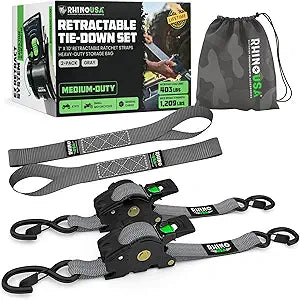 Rhino USA Retractable Ratchet Straps (2-Pack) - 1 Inch x 10 Feet (1,209lb Break Strength) - Heavy Duty Auto Self Retracting Tie Down Straps for Truck, Cargo Trailer, Motorcycle, Rad & More - Gray