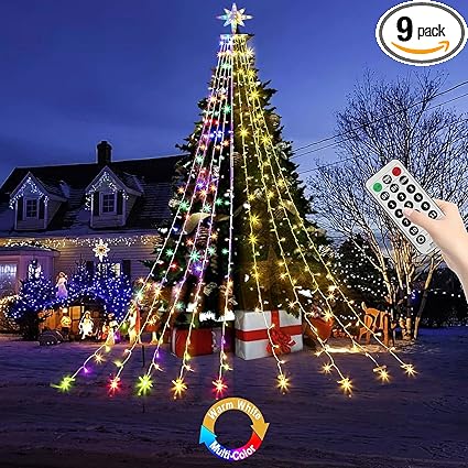 Christmas Decorations Star String Lights, 320 LEDs Outdoor Waterfall Tree Lights with 13" Topper Star, Plug in Waterproof Hanging Fairy Lights for Xmas New Year Holiday Party Yard Decor