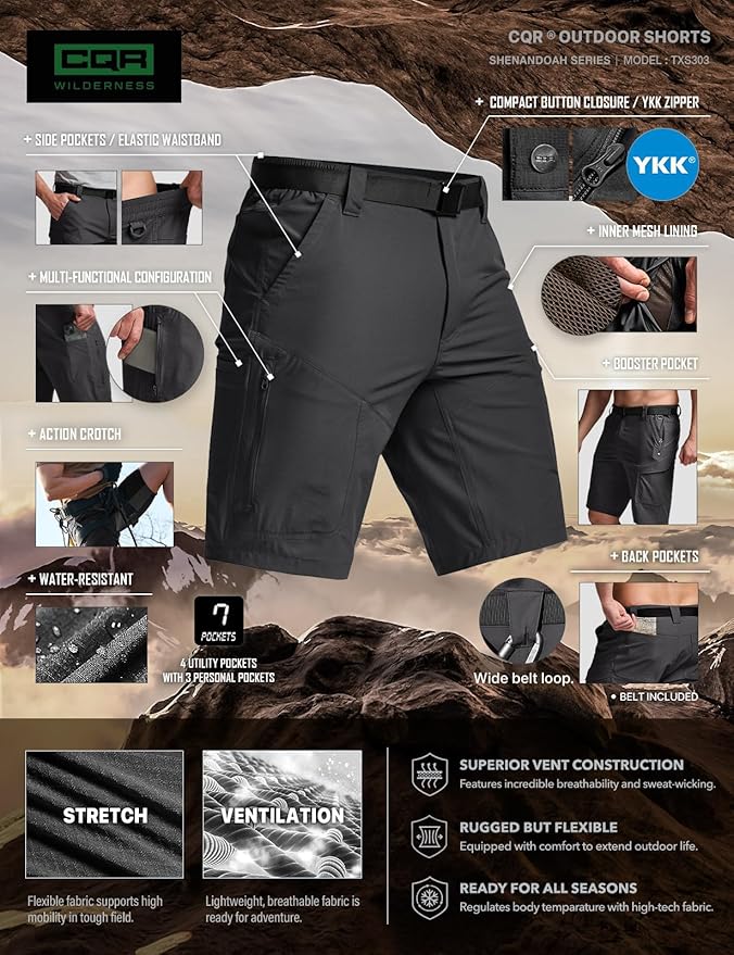 CQR Men's Quick Dry Stretch Hiking Cargo Shorts, Lightweight Water Resistant Tactical Casual, Golf & Outdoor with Pockets