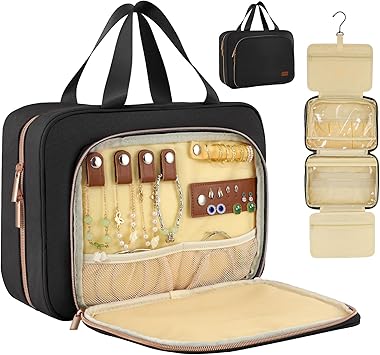 Travel Toiletry Bag, Large Toiletry Bag for Women with Jewelry Organizer Compartment Makeup Bag, Water-resistant Hanging Toiletry Bag for Travel Business Trips and Camping, Black