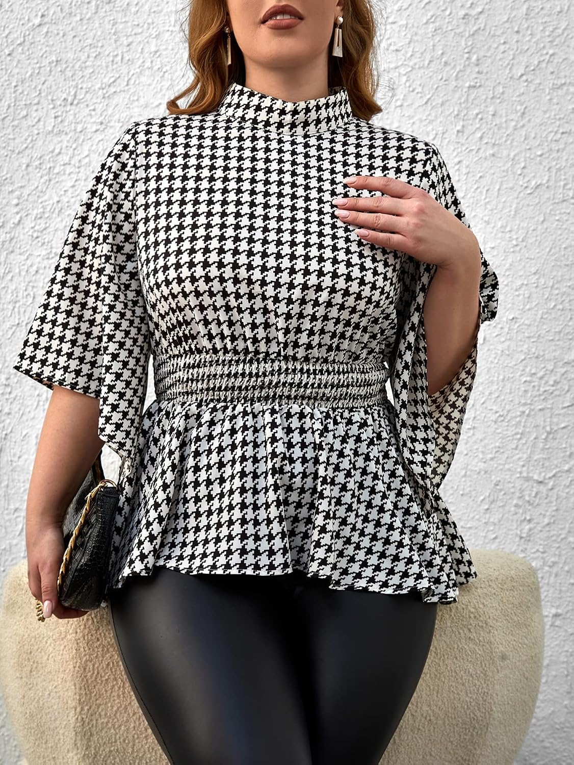WDIRARA Women's Plus Size Houndstooth Print Plaid Ruch Ruffle Hem High Neck Flare Half Sleeve Casual Blouse Tops.