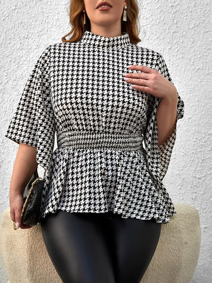 WDIRARA Women's Plus Size Houndstooth Print Plaid Ruch Ruffle Hem High Neck Flare Half Sleeve Casual Blouse Tops.