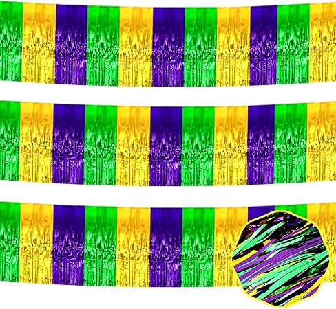 3 Pack 10 Ft Gold Green Purple Foil Fringe Garland Metallic Tinsel Streamers Banner Wall Hanging Curtain Backdrop for Parade Floats, Christmas Day, Thanksgiving, Halloween, New Year Party Decoration