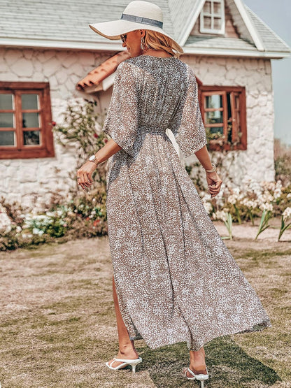 ANRABESS Womens 1/2 Sleeve Beach Wedding Guest Maxi Dresses 2026 Summer Wrap V Neck Boho Floral Flowy Slit Long Dresses.