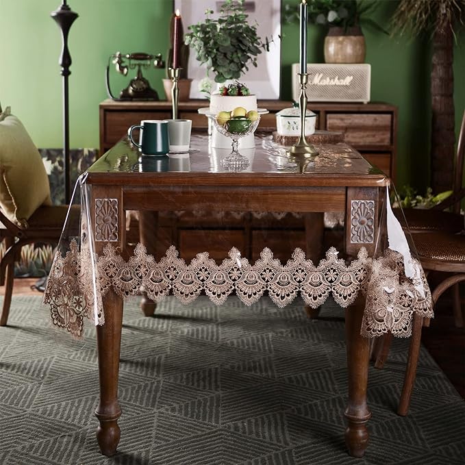 SUTAVIA Vinyl Tablecloth 100 Waterproof lace Table Cloth Environmentally PVC Oil Proof Table Protector Oblong Transparent Table Cover for Home Dining Table Parties(Gold, 60"x84")