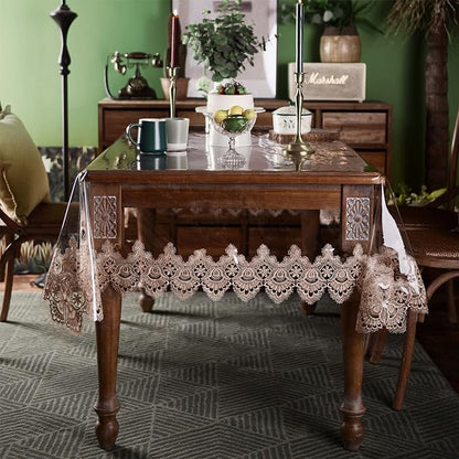 SUTAVIA Vinyl Tablecloth 100 Waterproof lace Table Cloth Environmentally PVC Oil Proof Table Protector Oblong Transparent Table Cover for Home Dining Table Parties(Gold, 60"x84")